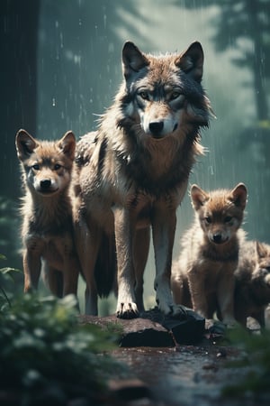 Summer rain cascading down in sharp focus on a wolf with its cubs, surrounded by a haze, captured with the ultra-detailed essence of film photography featuring light leaks, inspired by the intricate style of Greg Rutkowski, studio photo, trending on ArtStation, intricate details, highly detailed, cinematic.