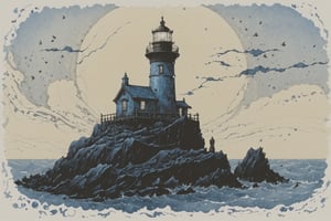 Lighthouse, aesthetic, extremely detailed, Daniel Merriam, by john blanche, M. C. Esher, ink drawing, dirty ink, frostpunk, lighthouse, blue ink ocean, lighthouse on an island, black ink