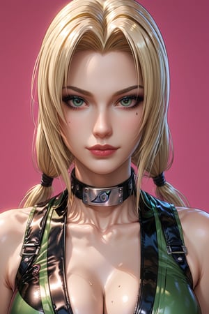 leather harness,Tsunade (Naruto), woman, 1girl, solo,Tsunade is already over 60 years old, but she can easily be confused with a twenty-year-old girl. She has long, blond hair tied in two ponytails. (((Brown eyes))) Lips are painted with pink lipstick. The nails are painted with red varnish.