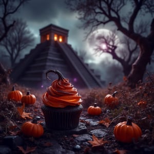 RAW Photo of halloween pumpkin cupcake on a field on the table, in the background old mayan ruins,  colors : brown, magenta, brown, orange  and fluorescent purple, hwskck  , (Masterpiece:1.3) (best quality:1.2) (high quality:1.1)