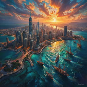 masterpiece, panoramic view, distant view, landscape, epic composition, fantasy artwork, 
Maritime Metropolis: A sprawling coastal city as seen from above during sunset. Twinkling lights from skyscrapers merge with the golden hues of the horizon, while countless ships form intricate patterns on the azure ocean