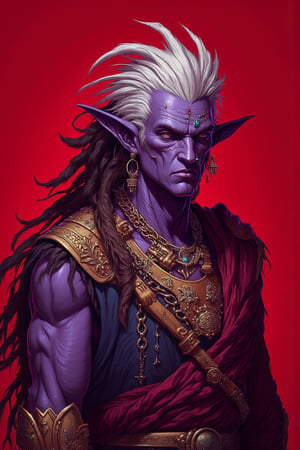 Illustration, score_9, score_8_up, score_7_up, score_6_up, GHBL, zy_moore, Stylized digital portrait of a elf, drow, purple skin, white hair, dreadlocks, slender body, nose ring, gold chain armor, loose greek robes. They have a confident expression with slightly parted lips and a relaxed posture. The background is a solid, vibrant red, which contrasts with the subject's attire. The person is accessorized with gold jewelry, including a necklace with a pendant and small hoop earrings. The overall composition is bold and striking, with a focus on the subject's face and upper body, flat color, dark theme, Katsuhiro Otomo style, perfect anatomy, superb detail, It must not be commonplace, Must have a very complex structure, Must have a very high degree of randomness, Must be an image that no one has ever seen before, It has to be very original, Must have tremendous detail, It has to be of the highest artistic quality, It has to be the ultimate, Failure is not an option