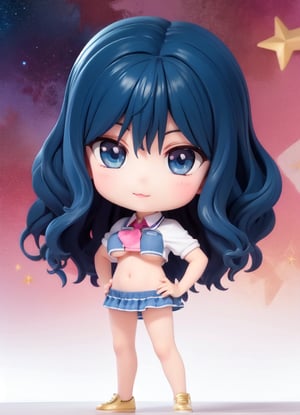 ((1 woman)), Nozaki Yuu, petite girl, full body, big breast, chibi, 3D figure girl, blue hair, wavy hair, very long hair, beautiful girl with great detail, beautiful and delicate eyes, detailed face, beautiful eyes,  hands on hips, detail, dynamic beautiful pose, dynamic pose, (starry background: 1.4), ((realistic)) quality: 1.2), dynamic distance shot, natural light, perfect composition, super detail, official art, masterpiece, (best) quality: 1.3), reflection, high resolution CG Unity 8K wallpaper, detailed background, masterpiece, (photorealistic): 1.2), random angle, side angle, chibi, full body, mikdef,,wavy hair,nozaki yuu