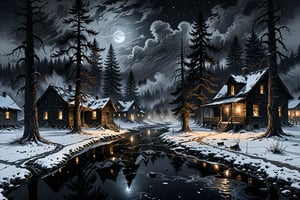Transports viewers to a haunted, remote ghost town shrouded in darkness, where huge trees in a dark forested area behind the houses, water flowing from a small stream and spectacular apparitions hover among the swirling mist, evoking a sense of otherworldly horror. Tense, eerie, and dark only moonlight, candlelight, ink painting, illustration, photo-realistic, realistic, long shot