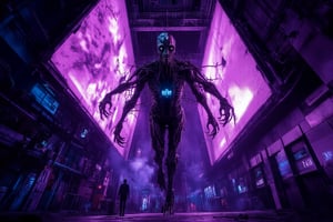 "A spine-chilling illustration of a terrifying 

horror woman from the ring coming out of a big a big LED billboard. entering this world from another dimension. the woman is a horror cyborg with glowing parts. futuristic cyberpunk style with neon elements

(masterpiece, best quality, official art, extremely detailed CG unity 8k wallpaper, absurdres, 8k resolution, Cinematic Lighting)."