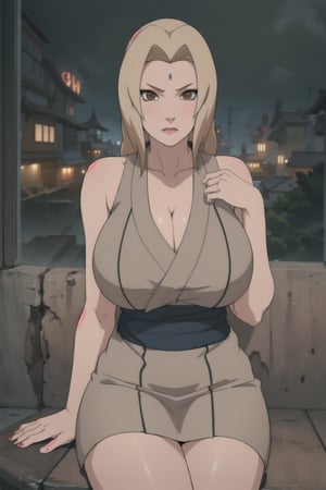 Tsunade, blonde hair, huge breasts, mature female,  ( best quality, beautiful, high quality, highres, aesthetic), detailed, extremely detailed, ambient soft lighting, 4K, perfect lighting, gold dress, revealing dress, ,