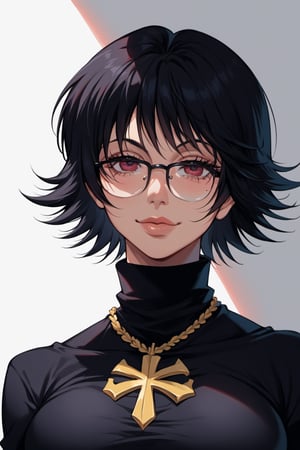 Score_9, Score_8_up, Score_7_up, masterpiece, best quality, 8k, perfect lighting, very aesthetic, absurdres, uncensored, rating_explicit, nsfw, source_anime, BREAK, 1girl, portrait, face focus, closeup, Shizuku Murasaki (Hunter x Hunter), black hair, short hair, red eyes, glasses, black-framed eyewear, beautiful face, detailed face,  (smug akali),shizuku_murasaki