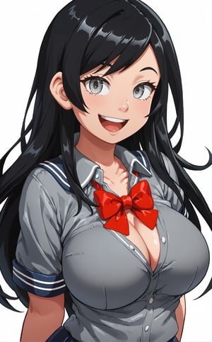 score_9, 1girl, solo, breasts, smile, bow, looking at viewer, red bowtie, simple background, long hair, school uniform, open mouth, shirt, large breasts, upper body, mamaneeir, cowboy shot, black hair, grey eyes,