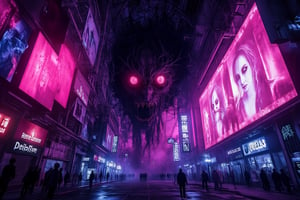 "A spine-chilling illustration of a terrifying 

horror woman from the ring coming out of a big a big LED billboard. entering this world from another dimension. the woman is a horror cyborg with glowing parts. futuristic cyberpunk style with neon elements

(masterpiece, best quality, official art, extremely detailed CG unity 8k wallpaper, absurdres, 8k resolution, Cinematic Lighting)."