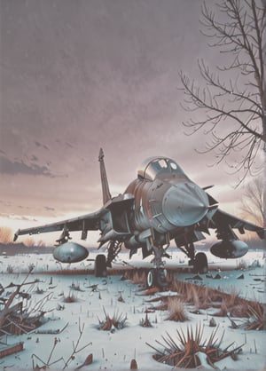 winter, dark, dusk, an abandoned old rusty fighter jet, an overgrown , frame weathered and worn, detailed 