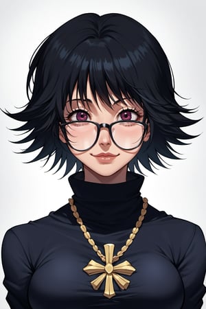 Score_9, Score_8_up, Score_7_up, masterpiece, best quality, 8k, perfect lighting, very aesthetic, absurdres, uncensored, rating_explicit, nsfw, source_anime, BREAK, 1girl, portrait, face focus, closeup, Shizuku Murasaki (Hunter x Hunter), black hair, short hair, red eyes, glasses, black-framed eyewear, beautiful face, detailed face,  (smug akali),shizuku_murasaki