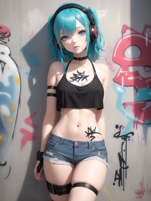 masterpiece, best quality, 1girl, solo, crop top, denim shorts, choker, (graffiti:1.5), paint splatter, arms behind back, against wall, looking at viewer, armband, thigh strap, paint on body, head tilt, bored, multicolored hair, aqua eyes, headset,