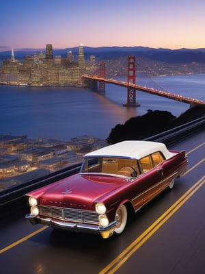 Ford Lincoln,In the foreground, a gleaming, exhibition-quality Ford Lincoln catches the light, its chrome sparkling. Behind it, the iconic San Francisco streets rise steeply, with the unmistakable silhouette of a brightly colored cable car clinging to the tracks high above.