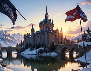 fantasy art, RPG art, photographic, National Geographic quality picture, award winning, (Best Detailed: 1.5), (best quality: 1.5) picture of an epic castle near the lake at dawn, the Middle ages castle is master crat artistry, there are (4 towers: 1.2), (massive walls: 1.2), (barbicans: 1.2), (flags: 1.2), ( a bridge: 1.2), the entire castle is being reflected in the lake in a perfect image (Best details, Best quality: 1.5), the lake is calm and placid, its dawn, the sun is rising, there some light clouds in the sky, and sun rays, behind the castle there is a missive snowy mountain as background best quality, (extremely detailed), ultra wide shot, photorealism, depth of field, hyper realistic, 2.5 rendering,