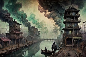 style of (Hokusai, Jeremiah Ketner, Kim Keever, John Atkinson Grimshaw) post apocalyptic ,gothic, horror ,darkpunk dark wood, abandoned port , steam fog smoke 16k IMAX photograph, vivid colours