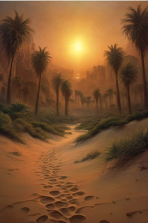 Dreamlike desert oasis, towering sand dunes, lush palm trees, crystal-clear water, exotic flowers in bloom, vibrant sunset casting long shadows, detailed textures of sand and water, intricate patterns in the sand, high detail, high resolution, (4k, ultra-detailed:1.3), (fantasy, mythical:1.2), (dreamlike:1.4), breathtaking beauty