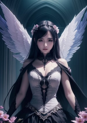 a beautiful flower angel, futuristic gothic style, extremely detailed face and body, anime-inspired, photorealistic, cinematic lighting, intricate floral patterns, ethereal wings, dramatic pose, moody color palette, volumetric light effects, hyper-realistic textures, ornate gothic architecture, stunning digital art