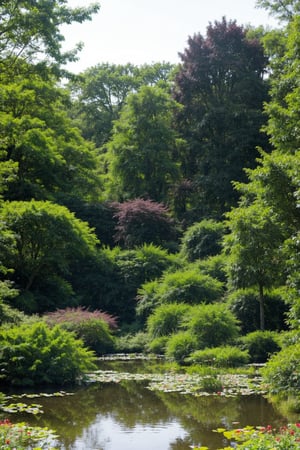 real world location, no humans, photo realistic scene of botanic garden small pond during midday, there is green vegetation around,