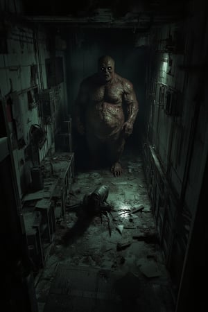 "A spine-chilling illustration of a terrifying 

horror art, gore, abandoned kitchen, dystopian, dark theme,  , haunted place, scarry, fat man holding knife  ,

(masterpiece, best quality, official art, extremely detailed CG unity 8k wallpaper, absurdres, 8k resolution, Cinematic Lighting)."