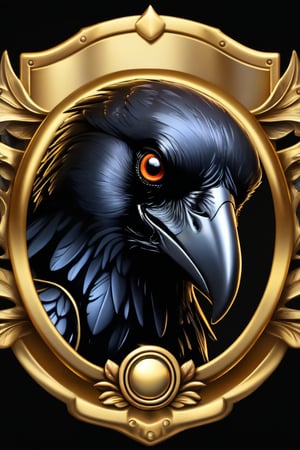 Masterpiece, realistic. High quality. Detailed. Badge. dark raven, golden frame,   black background, detailed paws