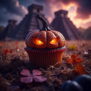 RAW Photo of halloween pumpkin cupcake on a field on the table, in the background old mayan ruins,  colors : brown, magenta, brown, orange  and fluorescent purple, hwskck  , (Masterpiece:1.3) (best quality:1.2) (high quality:1.1)