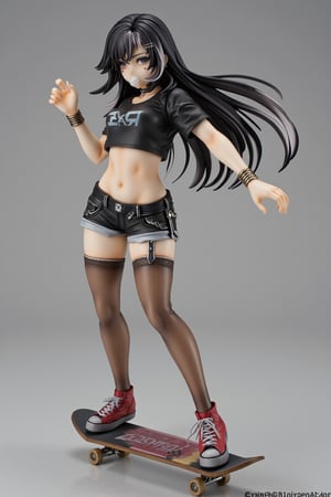 pvc figure,
Score_9, score_8, score_7, source_cartoon, BREAK, masterpiece, detailed, grey eyes, detailed eyes. 1girl, long black hair, white highlights, black crop top, slender body, belly piercing, piercings, bracelets, short black denim shorts, thigh high socks, red converse, fishnets, bubble gum, public, skateboarding