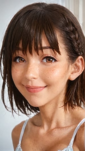 Serizawa Yukiha  (Toshoshitsu no Kanojo),score_9, score_8_up, score_7_up, rating_questionable, girl, extremely attractive, adorable, cute, , sexy tanned skin, brown hair, short hair, braid,, hazel eyes, light directed at face, light illuminating face, 8k, high cheekbones, small nose, realistic, in love, lewd eyes, soft smile