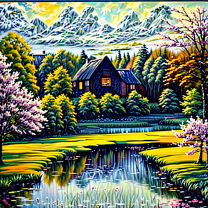 Oil painting of a cottage near a pond, spring time.