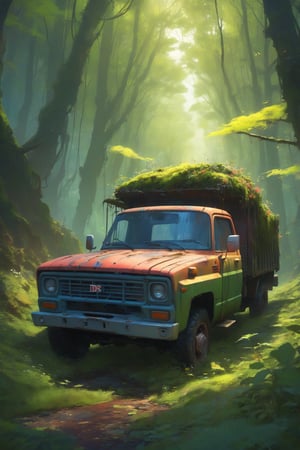 a decayed truck in a forest, rust, moss flowers, vines, Digital illustration, very vibrant colors, soft lighting, adventurous, atmospheric lighting, 8K, octane render, By Makoto Shinkai, Stanley Artgerm Lau, WLOP, Rossdraws, warriors fan art, James Jean, Andrei Riabovitchev, Marc Simonetti, krenz cushart, Sakimichan, D&D trending on ArtStation, digital art