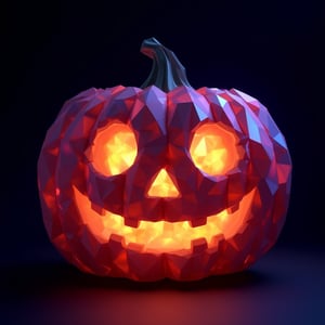 Halloween Jack-o-lantern made entirely of multicolored glowing crystals, ((low poly)), refraction, dark backdrop, happy, translucent, illumination, minimalist,