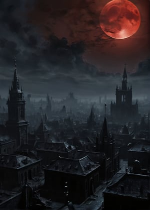 The city of yharnam, oil painting, Red moon, realistic, extreme detail, scary, terrifying, dark and warm environment, 8k, Epic, (Use Dream Diffusion Secret Prompt), UHD