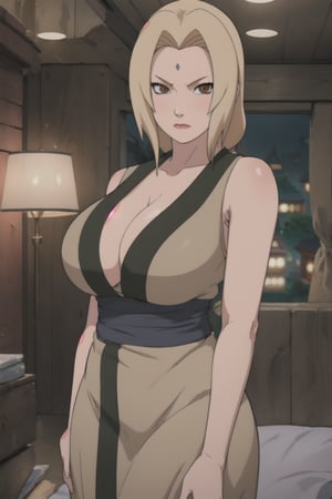 Tsunade, blonde hair, huge breasts, mature female,  ( best quality, beautiful, high quality, highres, aesthetic), detailed, extremely detailed, ambient soft lighting, 4K, perfect lighting, gold dress, revealing dress, ,