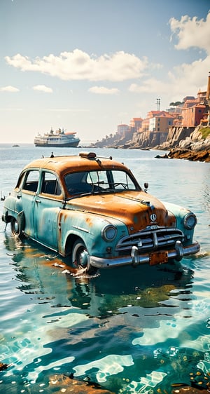 Voiture sous l'eau, rouille, recouvert par des alges, au fond de la mer, voiture des années 50, . L'image est net et en haute resolutions.[Voiture] [sous l'eau] [rouillée] [mer]  [algue]