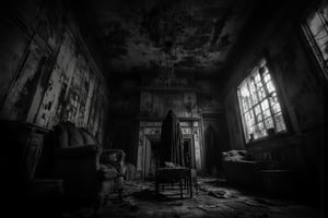 "A spine-chilling illustration of a terrifying 

Horror-themed a ghostly apparition is center shot staring at the viewer intently,ancient mansion with antique furniture rotted by time,moldy walls,water damaged,fireplace with a fire burning,soot stains,stained glass windows,dark,moody,haunted,,long shadows,deep shadows,dust webs,cobwebs,dusty air,satanic graffiti on the walls and ceiling,, Ultra-HD-details, style by Dan Winters,RAW photography,film grain,(indistinguishable from reality:1.4),photo taken with a Bolex H16 . Eerie, unsettling, dark, spooky, suspenseful, grim, highly detailed  ,

(masterpiece, best quality, official art, extremely detailed CG unity 8k wallpaper, absurdres, 8k resolution, Cinematic Lighting)."