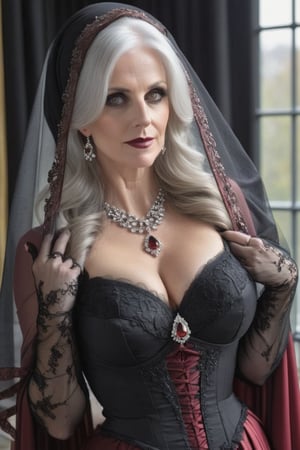 real_foto, beautiful_female, white_hair, 54 years old, white teeth, intense_brown_eyes, little_black_mourning_hat_with_veil,  sexy_mourning_clothes_with_veil, standing, detailed picture, tall, hourglass_figure, natural_skin, huge_boobs, beautiful_face,  dark red lips, necklaces, glittering_medallion, large_earrings, hidden_fingers, fingers_out_of_view, full_body_visible, better photography, fully_dressed, fully_covered, veil_covers_face, veil_covers_cleavage.