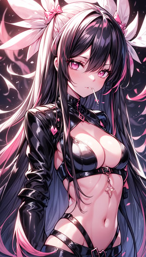 (best quality), (4k resolution), digital illustration of a young woman with long black hair and pink highlights. She has pink eyes and is smoking a cigarette. The background is dark and the colors are predominantly black and pink. The mood of the image is dark and edgy. She looks confident and rebellious, as if she does not care about the rules or the consequences of her actions. She seems to enjoy the contrast between her appearance and the darkness around her,1 girl