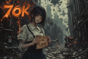 ((young beautiful woman, detailed worried face, very short bob hair, dark hair, dark brown eyes, pale skin, looking at viewer, hyper realistic, realistic, lifelike texture, collared white blouse, navy skirt, fills 1/6 of scene, full body view of woman)), (((She is holding up a cardboard sign that reads "Thanks for 70K Likes"  ))), A chaotic construction site with smoldering, melted GPUs scattered among tangled wires and broken server racks, illuminated by sparks and flickering emergency lights, oversized unpaid bills raining down from above, glitching reality with fragmented pixels and distorted perspectives, shattered glass-like fragments of websites suspended in mid-air, a surreal landscape of error messages and loading screens stretching to the horizon, mind-bending optical illusions and impossible geometries warping the scene, vibrant neon colors clashing with muted, burnt-out tones, hyper-detailed textures and photorealistic rendering, dramatic lighting with strong contrasts and lens flares, extreme wide-angle perspective with deep depth of field, cinematic composition following the rule of thirds, intricate foreground elements drawing the eye into the image, 8K resolution, ultra-sharp focus, award-winning digital art, trending on ArtStation, mind-shattering, reality-defying, breathtakingly surreal,