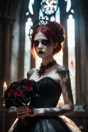 Horror-themed close up on face,bloody,evil,a 25 year old emo woman bride,holding a bouquet of decaying black roses with both hands,black goth style wedding dress,walking down the aisle in an ancient abandoned cathedral,stain glass windows in the background,candle lit,red hair,(highly detailed skin),perfect face,skin pores,(bokeh:0.6),sharp focus,dappled lighting,(backlighting:0.7),colored lighting from the stained glass,air particles,god rays,film grain,photographed on a Sony A7R IV,18mm F/1.7 cine lens,(highly detailed, intricately detailed),8k,HDR,front view,(full body visible:1.2) . award-winning,professional,highly detailed, . Eerie, unsettling, dark, spooky, suspenseful, grim, highly detailed