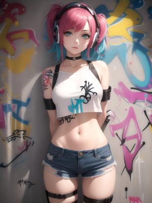 masterpiece, best quality, 1girl, solo, crop top, denim shorts, choker, (graffiti:1.5), paint splatter, arms behind back, against wall, looking at viewer, armband, thigh strap, paint on body, head tilt, bored, multicolored hair, aqua eyes, headset,