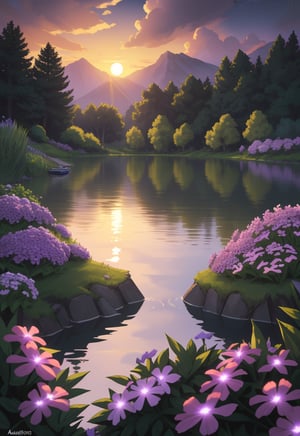 detailed background,( Calm spring night landscape), amongst lush greenery, beautiful view, creeping phlox in full bloom, creeping phlox, early morning, sunrise sky, beautiful clouds, dappled sunlight, outdoor seating, one lamp, Tranquil Lake, Boat on a Lake, depth of field, masterpiece, best quality, ultra-detailed, very aesthetic, illustration, perfect composition, intricate details, absurdres, moody lighting, wisps of light, no humans,