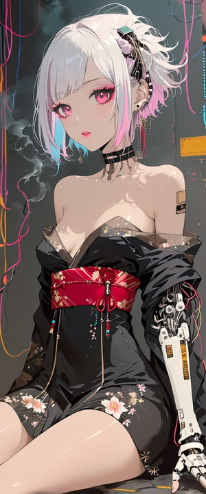 (by Carne Griffiths, Conrad Roset), 1girl,cyborg,android,mechanical, mechanical parts, mechanical joints, solo, sitting in a cyberpunk club,looking at viewer, short hair, bangs, , jewelry,, white hair, earrings, japanese seethrow clothes, , choker,  seethrow kimono,pleasure android, black choker, cyberpunk, smoke, cigarette, plastic kimono,sexy, smoking, egasumi m3,Dark Manga of,Dark Anime of,anime,see-through kimono,schpicy style