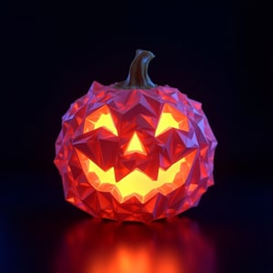 Halloween Jack-o-lantern made entirely of multicolored glowing crystals, ((low poly)), refraction, dark backdrop, happy, translucent, illumination, minimalist,