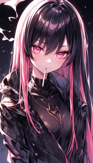 (best quality), (4k resolution), digital illustration of a young woman with long black hair and pink highlights. She has pink eyes and is smoking a cigarette. The background is dark and the colors are predominantly black and pink. The mood of the image is dark and edgy. She looks confident and rebellious, as if she does not care about the rules or the consequences of her actions. She seems to enjoy the contrast between her appearance and the darkness around her,1 girl