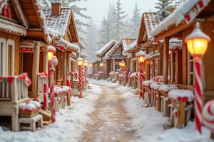 A city built entirely of gingerbread and candy, with lollipop lampposts and candy cane railings