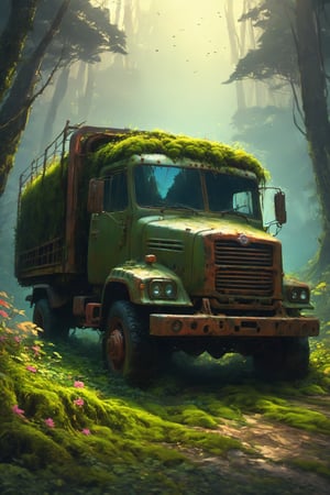 a decayed truck in a forest, rust, moss flowers, vines, Digital illustration, very vibrant colors, soft lighting, adventurous, atmospheric lighting, 8K, octane render, By Makoto Shinkai, Stanley Artgerm Lau, WLOP, Rossdraws, warriors fan art, James Jean, Andrei Riabovitchev, Marc Simonetti, krenz cushart, Sakimichan, D&D trending on ArtStation, digital art