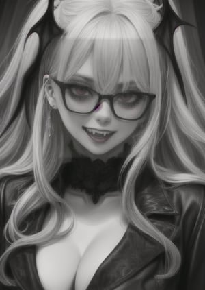 portrait of a female vampire, old, evil, (showing fangs:1.1), long flowing hair, glasses, dark detailed, intricate jubbslineart_v2