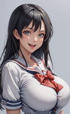 score_9, 1girl, solo, breasts, smile, bow, looking at viewer, red bowtie, simple background, long hair, school uniform, open mouth, shirt, large breasts, upper body, mamaneeir, cowboy shot, black hair, grey eyes,