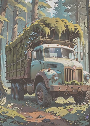 a decayed truck in a forest, rust, moss flowers, vines, Digital illustration, very vibrant colors, soft lighting, adventurous, atmospheric lighting, 8K, octane render, By Makoto Shinkai, Stanley Artgerm Lau, WLOP, Rossdraws, warriors fan art, James Jean, Andrei Riabovitchev, Marc Simonetti, krenz cushart, Sakimichan, D&D trending on ArtStation, digital art