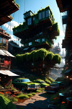 style by Terry Redlin,best quality,high resolution,extremely detailed,8k,dynamic angle, vray engine,creative,unconventional,creative dystopic, sky-land realism dreamlike floating cyberpunk,glass architecture masterpiece inspired by ,green floral,cliff realistic junkyard nature by Thomas Cole,huge busy maximalist scene