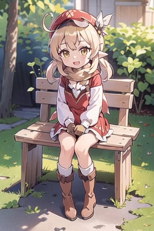 klee_genshin,open mouth smug,red dress complete with a bench, long sleeves, a light brown scarf, light brown gloves, tall dark brown boots, a pair of white stockings sticking out of her boots, red hat, sunset forest,high quality,1girl